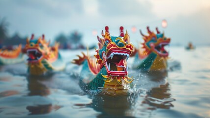 Colorful dragon boats racing on water with splashes - obrazy, fototapety, plakaty