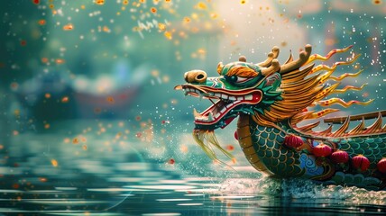 Colorful dragon boat on water with splashes
