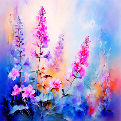 colourful bloomy vibrant watercolour oil painting splash colour of bush flowers