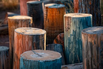 Delve into an abstract forest of wooden stumps, where warm earth tones blend with soft pastel hues