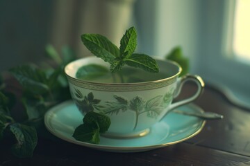 Porcelain teacup adorned with intricate patterns and fresh mint leaves suggesting a tranquil teatime ambiance