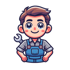 Cheerful Cartoon Mechanic Boy with Wrench, Handyman Concept