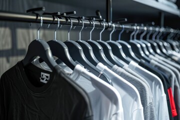 Assortment of monochrome t-shirts displayed on hangers in a retail store setting with focus on texture and fabric