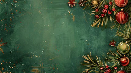A joyful green canvas with Christmas ornaments on one side, leaving the rest for your personalized text.