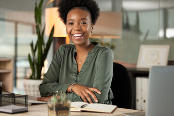 Arms crossed, portrait and smile with business black woman at desk in office for administration or research. Face, notebook and table with happy employee in workplace for start of professional career - obrazy, fototapety, plakaty
