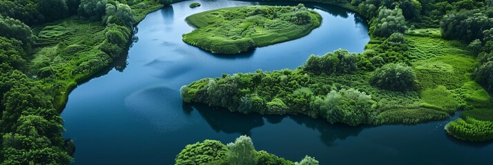 Naklejka premium Behold the serene majesty of abstract water landscapes, where tranquil lakes and meandering rivers weave through lush greenery