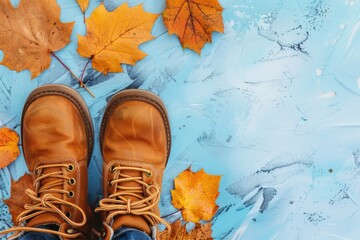 Autumnal concept with brown boots on a frosty surface surrounded by fallen maple leaves depicting fall season