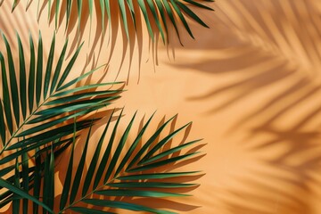 Tropical palm leaves casting shadows on a sandy background, evoking the warmth of sunny beach destinations