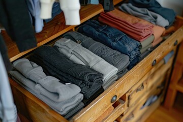 Organized Wardrobe Drawer Showcasing Neatly Folded Clothing and Various Shades of Jeans