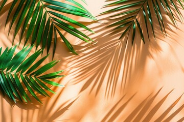Tropical palm leaves casting shadows on a sandy background, evoking the warmth of sunny beach destinations