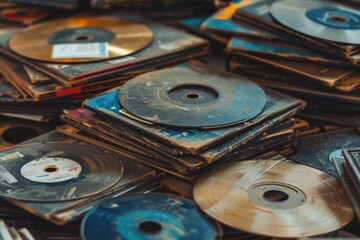 Pile of Old and Scratched CDs and DVDs in Various Conditions Representing Digital Storage Evolution