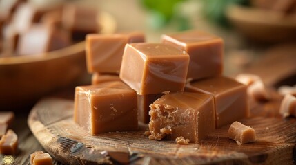 Traditional Polish fudge, known as KrÃ³wki meaning little cows. KrÃ³wka milky cream toffee candies from Poland. Creamy milk fudge, sweet confectionery candy.