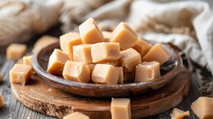 Traditional Polish fudge, known as KrÃ³wki meaning little cows. KrÃ³wka milky cream toffee candies from Poland. Creamy milk fudge, sweet confectionery candy. - obrazy, fototapety, plakaty