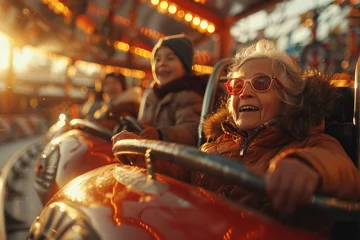Deurstickers Friends enjoy fun rides in bumper cars at the carnival © Vladimir