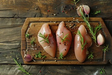 Raw Chicken Breasts Seasoned with Herbs and Spices on a Wooden Board