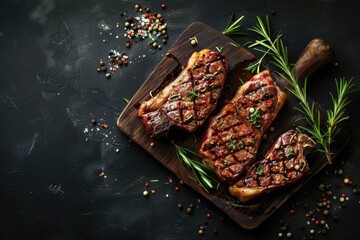 Grilled T-bone steaks seasoned with spices and fresh herbs on a dark wooden cutting board