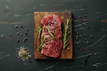 Raw beef steak with fresh rosemary, peppercorns, sea salt, and olive oil on a wooden cutting board