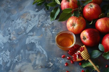 Assorted fresh apples and pomegranate with juice on a textured dark background