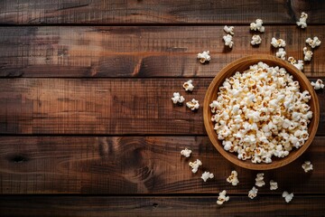 Bowl of popcorn on a dark wooden plank background, a concept of movie time snacks