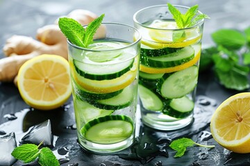 Detox cucumber water with lemon and mint in transparent glasses on a dark surface