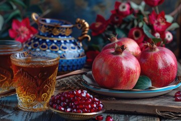 Assorted fresh apples and pomegranate with juice on a textured dark background