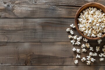 Bowl of popcorn on a dark wooden plank background, a concept of movie time snacks