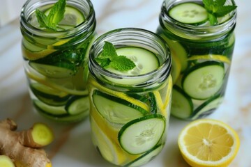 Detox cucumber water with lemon and mint in transparent glasses on a dark surface