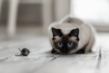 Siamese cat focused on a toy mouse, showcasing beautiful blue eyes and pointed ears