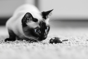 Siamese cat focused on a toy mouse, showcasing beautiful blue eyes and pointed ears