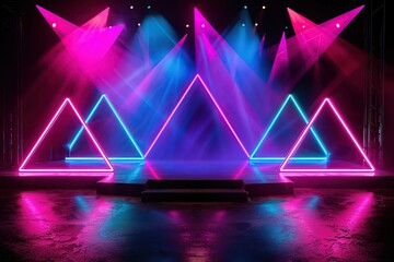 empty stage with neon light triangle background.
