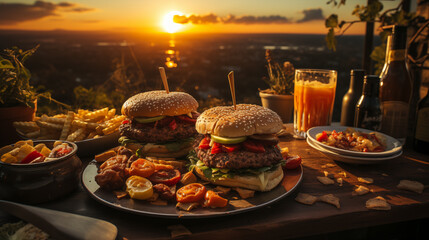 Warm sunlight filters down, spotlighting the hamburger on the table. The hamburger gleams under the...