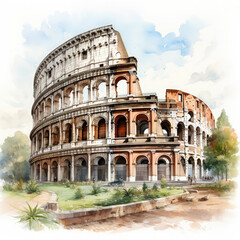 Obraz premium Watercolor colosseum, clipart Illustration, Generative Ai
