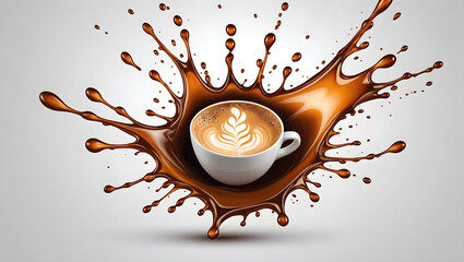 Latte Art on the background of coffee splash.