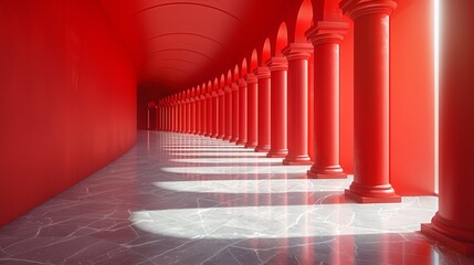A long hallway with many pillars and a white floor, AI