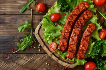 Grilled sausages on a bed of lettuce garnished with cherry tomatoes and spices