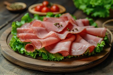 Fototapeta na wymiar Slices of cured ham arranged on lettuce leaves with cherry tomatoes on wooden board