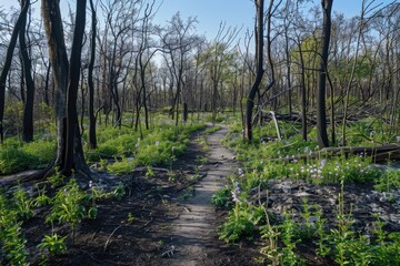 Fototapeta na wymiar Path Through Regrowth in Forest After Wildfire with Young Green Plants