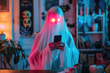 Person in Ghost Costume Using Smartphone with Vibrant Pink Background