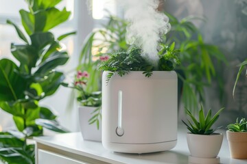 Aromatherapy essential oil diffuser releasing steam among indoor potted plants in sunlit room