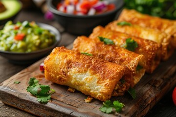 Golden baked chicken enchiladas topped with melted cheese and cilantro on wooden board