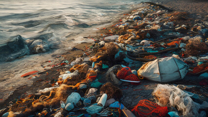 Environmental protection concept. Garbage dump on the seashore.