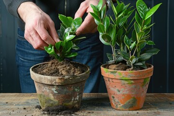 Person repotting a green Zamioculcas zamiifolia plant in a rustic pot on a wooden table