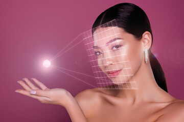 Creative abstract futuristic collage of lady using on hand light ray tech application for face skin...