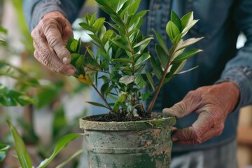 Person repotting a green Zamioculcas zamiifolia plant in a rustic pot on a wooden table