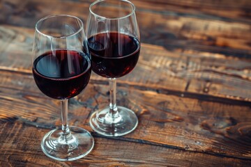Two glasses of red wine on an old rustic wooden table with a warm, cozy atmosphere
