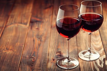 Two glasses of red wine on an old rustic wooden table with a warm, cozy atmosphere
