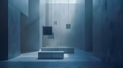 Produce a high-resolution image capturing the elegance of minimalist geometric forms suspended in an expansive, ethereal void, with subtle lighting enhancing the depth and dimensionality of the scene