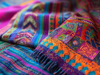 A close up of a colorful Guatemalan textile with a geometric pattern.