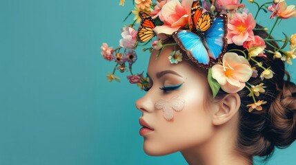 Beautiful stylish creative summer background. Spring fashion portrait of a woman with flowers and butterflies on her head and in her hair. Female beauty concept
