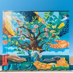 Obraz na płótnie Canvas A mural of a tree with many branches, each with different leaves and flowers. The tree is surrounded by two large hands, one black and one white and the background is blue with clouds.